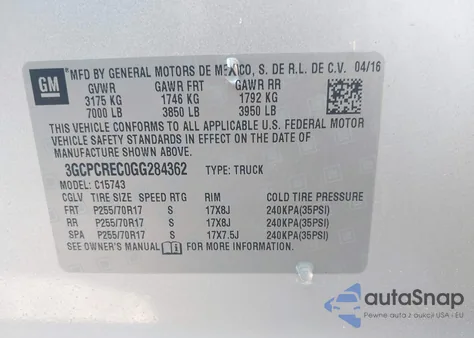 2016 Chevrolet Silverado 1500 1Lt from USA, damaged, VIN 3GCPCREC0GG284362